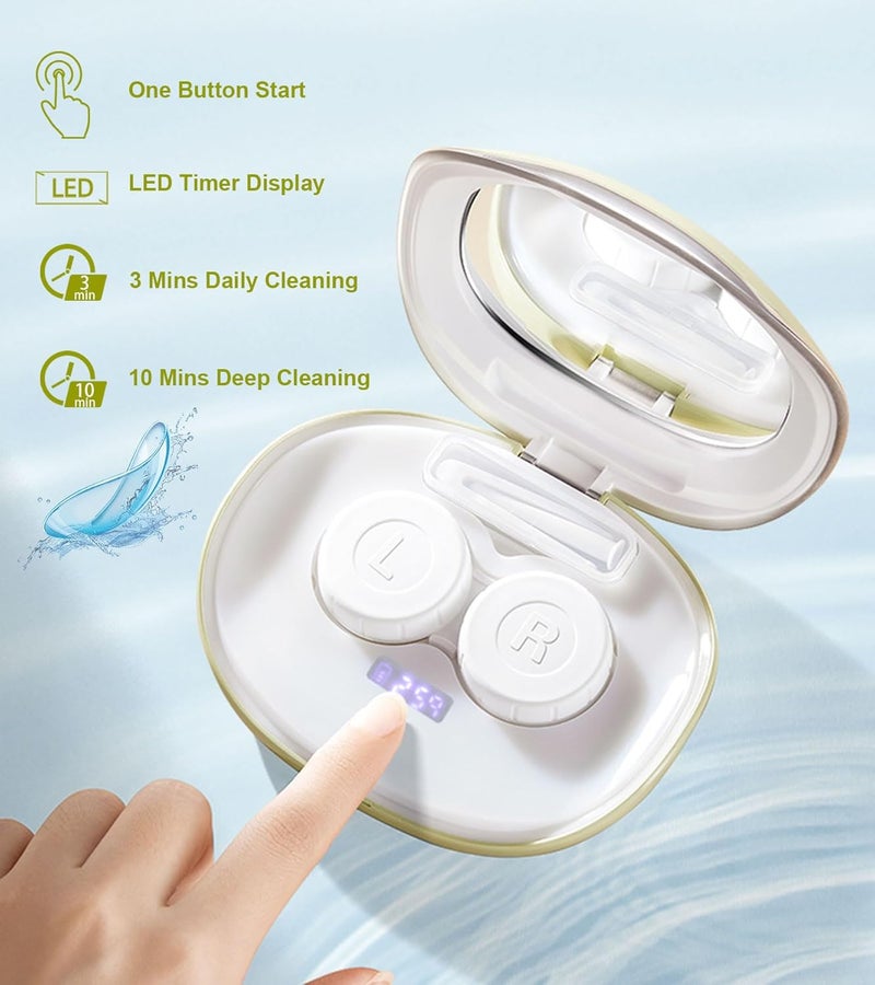 ofone Contact Lens Cleaner, Ultrasonic Contact Lens Cleaning Machine with USB Charger, Timer Display and 5 Contact Solution Cases Kit Replacement for Soft Hard Colored RGP Lenses (Avocado Green) - Image 4